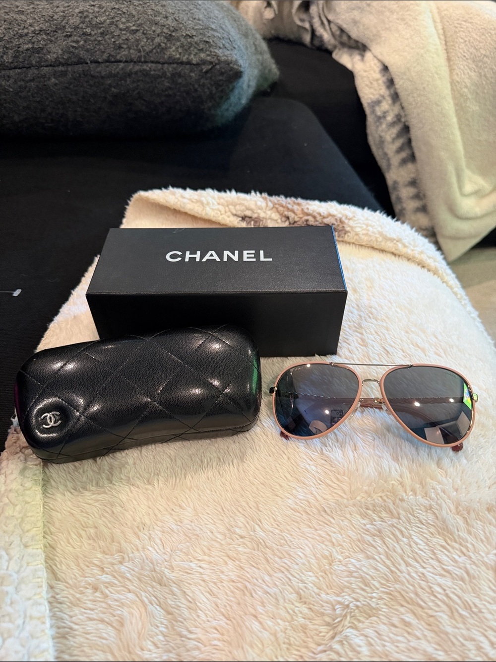 CHANEL Rose Gold Aviator Sunglasses with Black Quilted Case